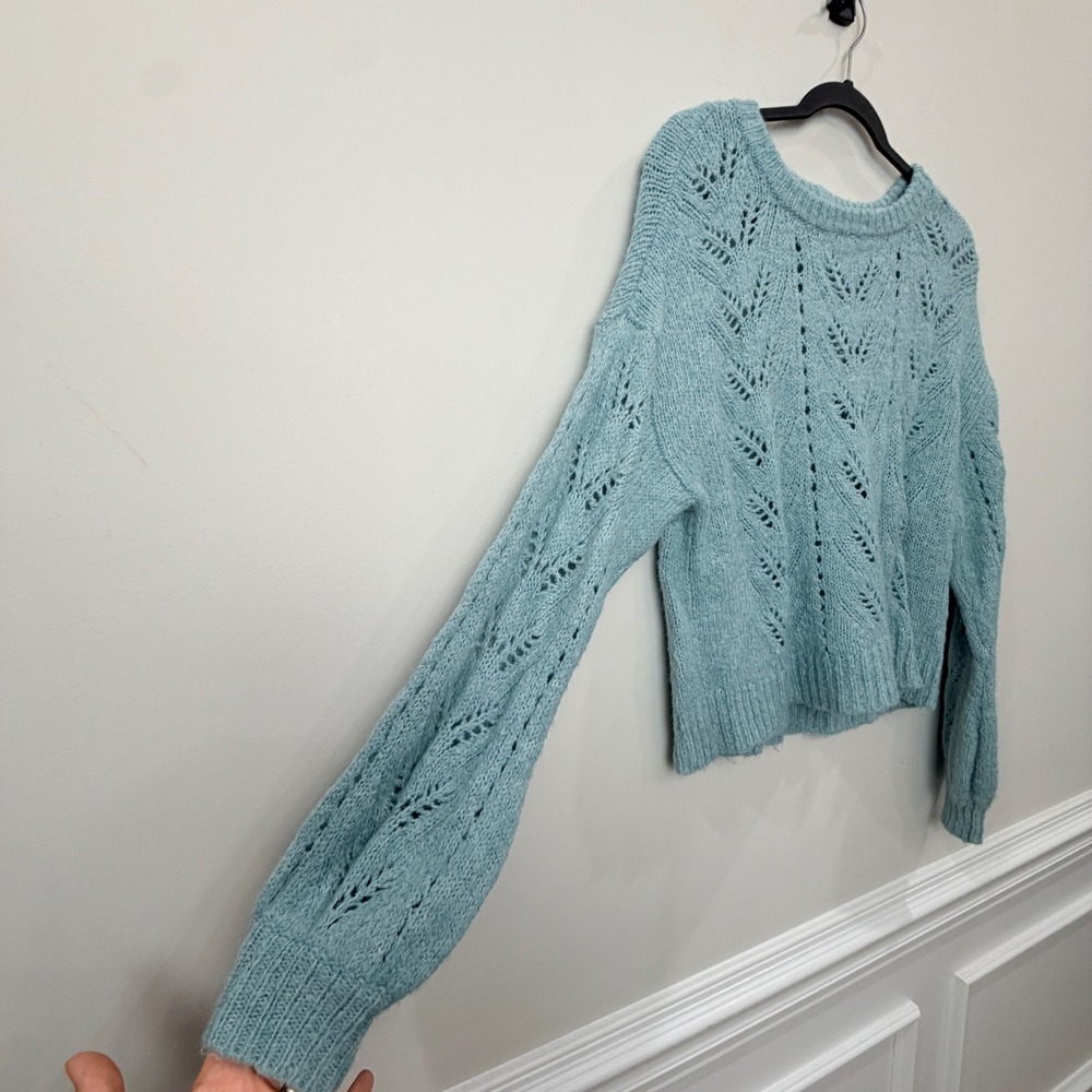American Eagle Womens Large Sweater Cropped Blue Pointelle Wool Blend Cottage